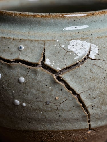 Extreme macro shot of cracked wood-ash glaze on an iron-speckled ceramic surface, dramatic low-key lighting.