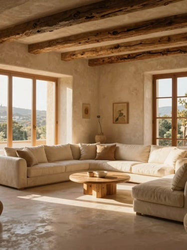 Sun-drenched modern Mallorcan living room staged with microcement floors, warm plaster walls, rustic wooden beams, and soft golden hour light streaming through tall windows, 35mm photography