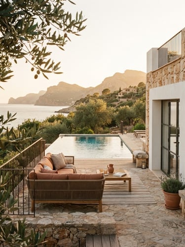 Warm architectural photography of a modern Mallorcan villa terrace, natural stone walls, soft golden hour sunlight, olive tree branch in foreground, 35mm