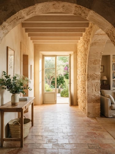 Elegant sun-drenched Mallorcan townhouse interior, stone walls, soft golden hour morning light, architectural framing