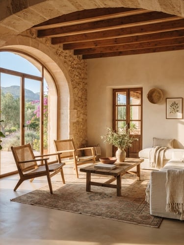 Warm editorial photography of a sun-drenched Mallorcan living room, microcement floors, natural wooden beams, soft golden hour morning light, elegant architectural framing, 35mm