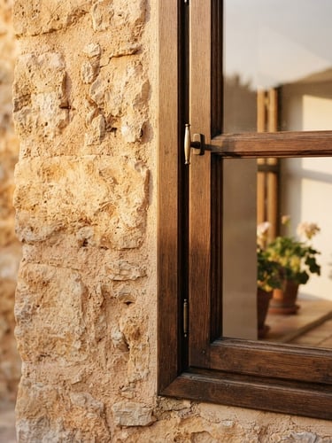 Elegant close-up of a sun-drenched Mallorcan stone wall meeting refined wooden window frames, soft golden hour sunlight, architectural framing, 35mm