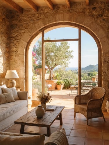 Sun-drenched modern Mallorcan living room with stone walls, large arched window opening to a terrace with olive trees, warm morning light, 35mm photography