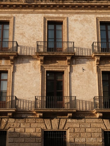 Warm editorial photography of a historic building facade in Palma de Mallorca, soft morning sunlight, natural stone textures, architectural framing
