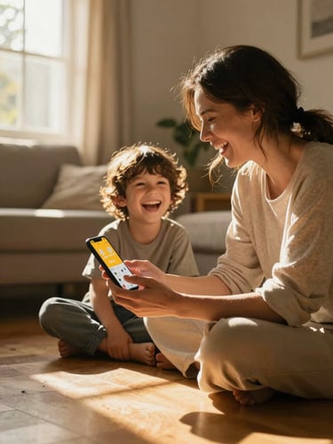 Cinematic medium shot of a mother laughing with her child in a sun-drenched living room. The mother is holding a phone displaying a warm, high-fidelity app interface. Golden hour light streams through the window, creating soft lens flares and rich shadows on the wooden floor.