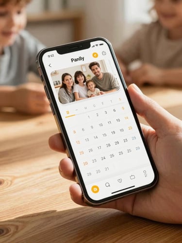 A close-up of a smartphone displaying a warm, intuitive family calendar app, held by hands with a sun-drenched wooden table and soft-focus family interaction in the background.