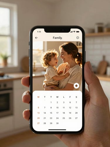 A close-up of a smartphone screen displaying a warm, minimalist family calendar app, held by a mother laughing with her toddler in a sunlit kitchen, golden hour backlighting.