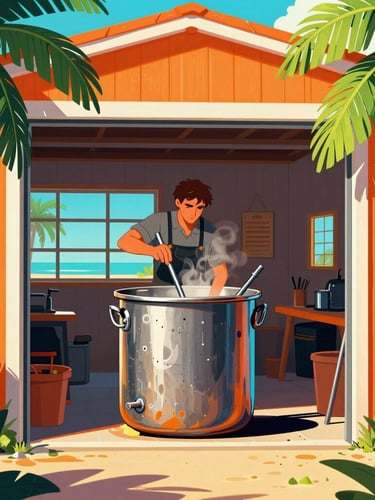 Vibrant pop art illustration of a homebrewer stirring a large steel brewing pot in a sunny open garage, retro surf style, saturated orange and hop-green colors, bright tropical sunlight, palm leaves framing the shot.