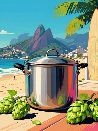 vibrant pop art illustration, bold graphic lines, a stainless steel brewing pot on a sunny Rio de Janeiro balcony, fresh green hop cones scattered around, retro surf style, intense tropical sunlight