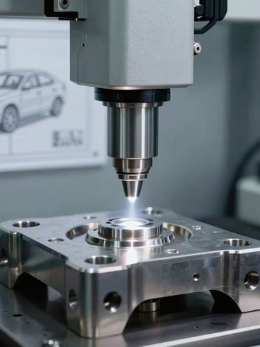 A high-precision coordinate measuring machine probe analyzing a stamped metal automotive component, high-contrast industrial lighting, metallic sheen, technical blueprint in background.