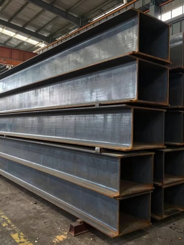 Wide-angle industrial photograph of massive structural steel beams stacked in a manufacturing yard, high-contrast ambient light reflecting off metallic surfaces, Karawang industrial plant background.