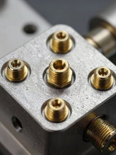 Macro high-contrast shot of a mechanical sub-assembly, showing threaded brass fasteners precisely pressed into a thick structural steel plate