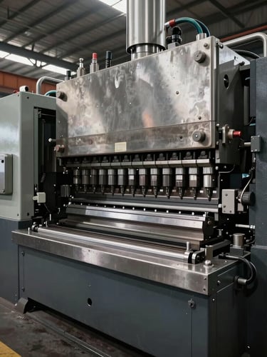 Wide-angle high-contrast industrial shot of massive progressive die stamping presses in motion, metallic sheen under ambient factory lighting, Karawang plant floor.
