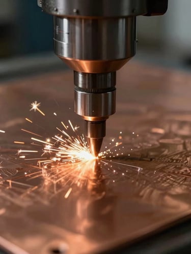 Extreme macro close-up of a progressive die stamping tool striking a copper sheet, high-contrast ambient light, sharp metallic details, sparks flying.