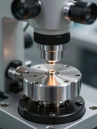 Close-up of a high-precision metal component under a digital measuring microscope, bright technical lighting highlighting micron-level cuts, industrial background.