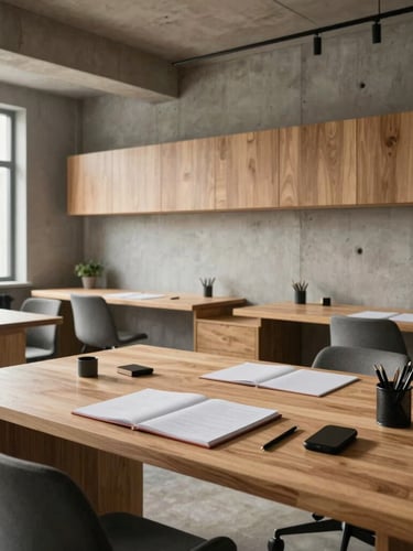 Wide architectural shot of a quiet, modern independent workspace with concrete and oak details, flooded with diffused natural light, empty desk with planning tools, soft shadows.