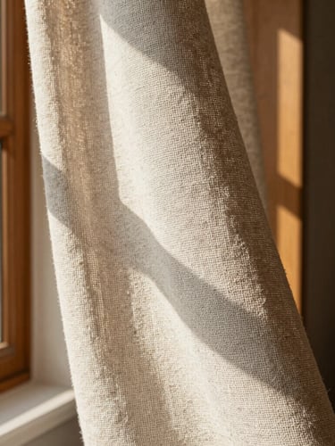 Close-up detail shot of a textured technical linen fabric swatch held against a window frame, warm sunlight filtering through the weave, highlighting the precise fiber texture, 35mm lens.