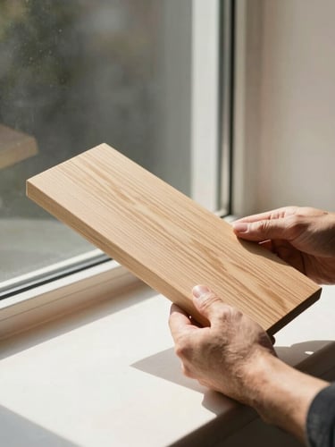 Hands of a craftsman holding a raw white oak timber swatch against an expansive architectural window frame, warm directional sunlight, sharp shadows, 35mm lens.