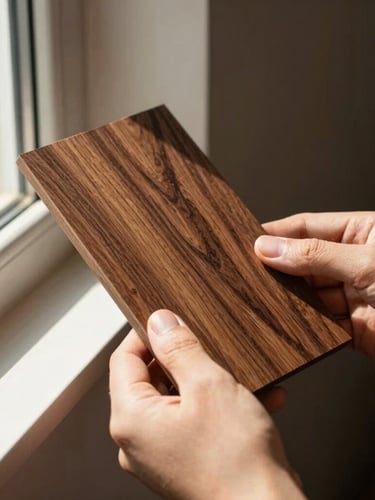 Close-up detail shot of hands holding a dark walnut wood swatch next to an open window frame, warm directional sunlight highlighting the rich tactile timber grain, 35mm lens