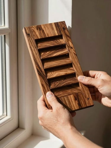 Hands of a craftsman holding a custom-stained dark oak timber shutter swatch against a window frame, warm natural light, detailed texture of wood grain, 35mm lens.