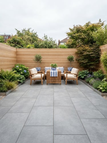 Architectural garden photography, straight-on view of a newly finished terrace with large grey ceramic tiles, a clean wooden fence in the background, soft overcast daylight, 35mm lens
