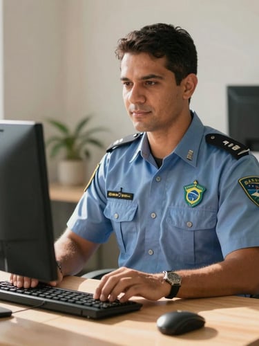 A professional Brazilian civil servant working at a clean desk with a computer, warm natural daylight, approachable and dignified atmosphere.