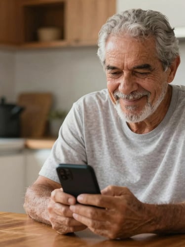 A respectful, candid medium shot of a retired Brazilian man sitting at a wooden kitchen table, smiling gently while looking at his mobile phone in bright natural daylight.