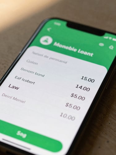 Close macro shot of a secure mobile banking application interface on a smartphone screen, displaying clear loan simulation numbers, natural morning light, high-trust secure green accents, no hands visible