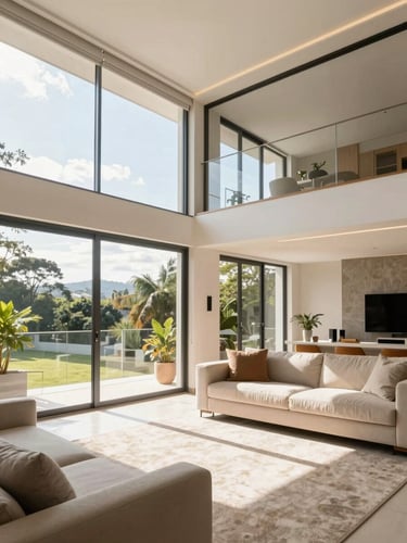 Bright architectural interior of a modern living room in Ribeirão Preto, warm natural daylight streaming through large windows, high-end real estate photography style