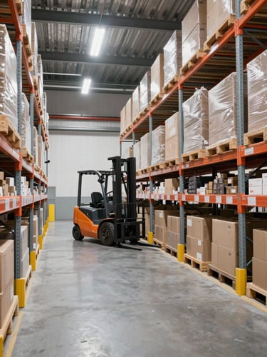 A clean, modern warehouse interior with organized high shelving, bright industrial lighting, a forklift in the background, sharp commercial photography.