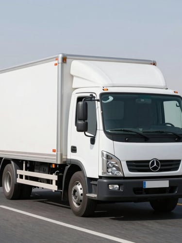 A clean modern white delivery truck driving on a spacious Saudi highway during bright daylight, sharp focus, 35mm lens