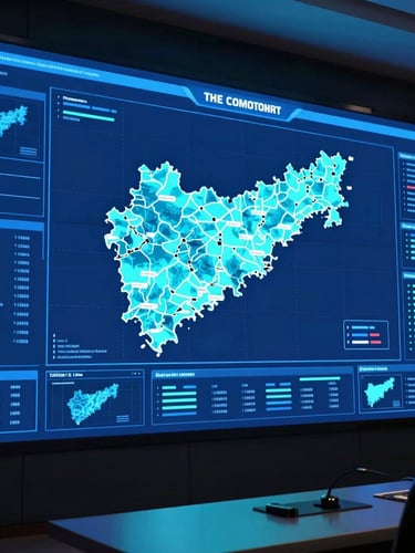 Sleek political campaign command center, glowing blue maps of Maharashtra on wide screens, high-contrast digital interface, sharp focus, 35mm