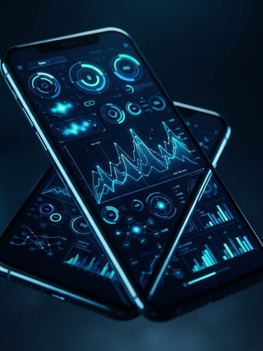 Sleek mobile interface mockup displaying real-time data analytics on a dark screen, cool blue and neon teal studio lighting, sharp focus, 35mm
