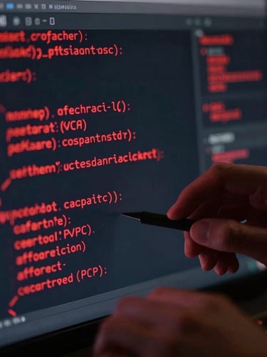 Close-up of a designer's hands meticulously coding on a dark-themed monitor, with abstract lines of code glowing in crimson red, low-key dramatic lighting, sharp macro focus.
