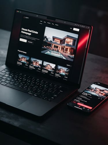 Lüks bir MacBook Pro ve iPhone 15 Pro üzerinde Ayzek Studio tarafından tasarlanmış, koyu temalı, modern bir emlak web sitesinin ekran görüntüleri. Cihazlar dramatik, düşük anahtarlı bir ışıklandırma altında, keskin kırmızı neon yansımalarla vurgulanmış, makro çekim, 35mm.
