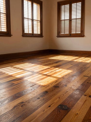 Low-angle wide shot of an empty, sunlit Queenslander room with newly restored hoop pine floorboards, warm natural sunlight streaming through wooden louvres, highlighting the flat matte sheen and golden grain of the timber, no furniture, architectural focus.