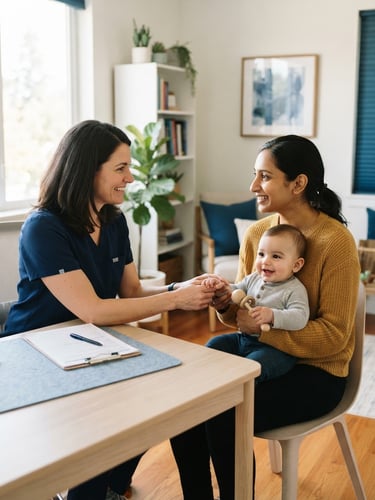 A warm, authentic environmental portrait of a clinical professional in a bright, modern office interacting gently with a mother, soft natural daylight, blue accents.