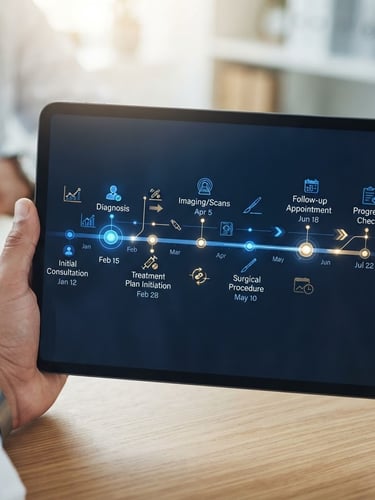 A close-up of a modern tablet screen displaying a clean digital medical timeline chart, soft natural daylight, warm blue accents, high-end clinical aesthetic