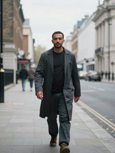 A medium-wide environmental portrait of Mo Aboshanab walking through a historic London street in overcast daylight, desaturated cool tones, shallow depth of field, 35mm film style.