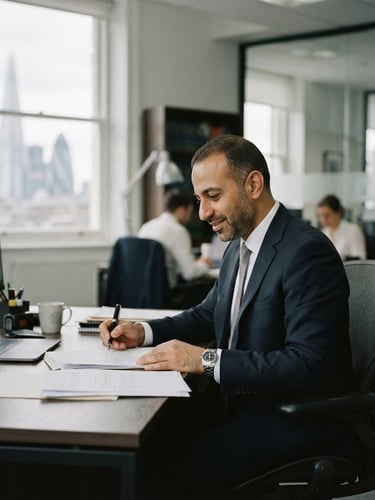 Candid medium-wide environmental portrait of Mo Aboshanab in a professional legal environment in London, natural overcast daylight from a large window, desaturated cool tones, shallow depth of field, 35mm film.