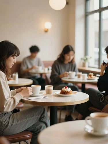 Warm, inviting café interior with soft lighting, comfortable seating, and a few blurred patrons enjoying coffee and pastries. Focus on the cozy atmosphere, rich cream and coffee tones, shallow depth of field, 35mm film.