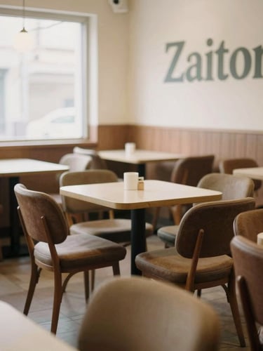 Warm, inviting interior of Cafeteria Zaiton, cozy seating area with soft natural light, coffee brown and cream tones, focus on comfortable chairs and small tables, shallow depth of field.
