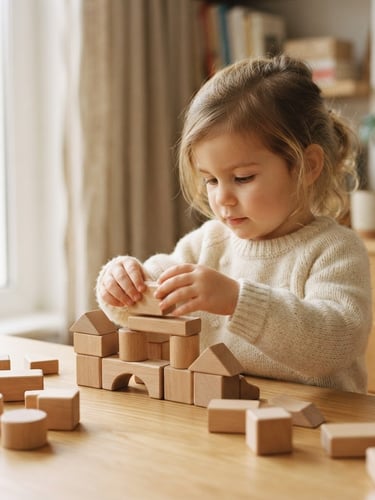 Warm editorial photography of a child gently arranging smooth wooden blocks on a light oak table, soft natural daylight, shallow depth of field