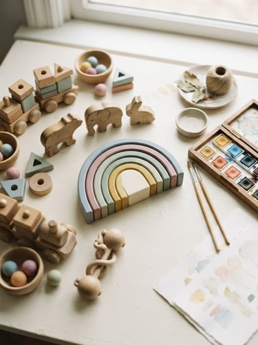Overhead flat-lay of tactile wooden developmental toys and watercolor paints on a clean ivory table, soft natural daylight, shallow depth of field, warm editorial style.