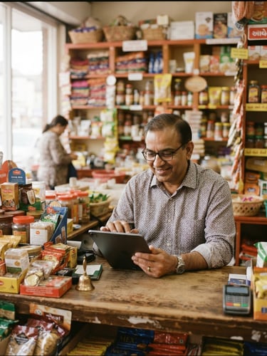 A warm editorial photo of a local Patel merchant in their shop looking at a tablet, bright natural daylight, rich friendly tones, clean composition.