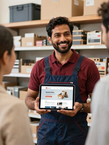 A smiling Patel shop owner in his bright, daylight-filled hardware store, showing a newly built website on his tablet to a customer.