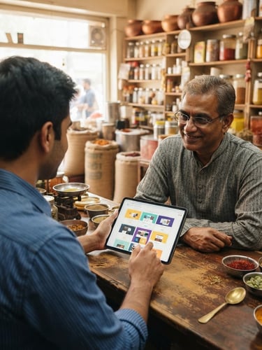 Over-the-shoulder view of a young Patel merchant showing website templates on a tablet to his father inside their bright, daylight-filled spice shop, warm editorial photography.