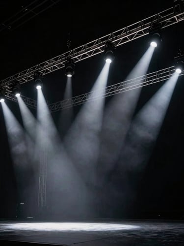 Wide dramatic angle of a massive unlit stage rig, clean architectural trusses, sharp beams of white test light cutting through haze, deep black background, high contrast, 35mm