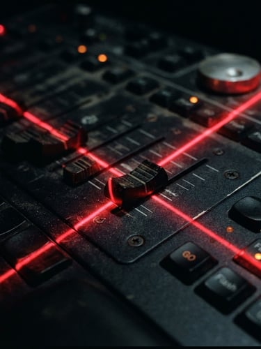 Extreme macro shot of a professional DMX control console, sharp theatrical red laser light cutting across matte black faders, high-contrast low-key lighting, 35mm