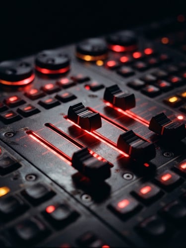 Extreme macro shot of a premium DMX control console, sharp laser-red backlighting on faders, high-contrast dark atmosphere, 35mm